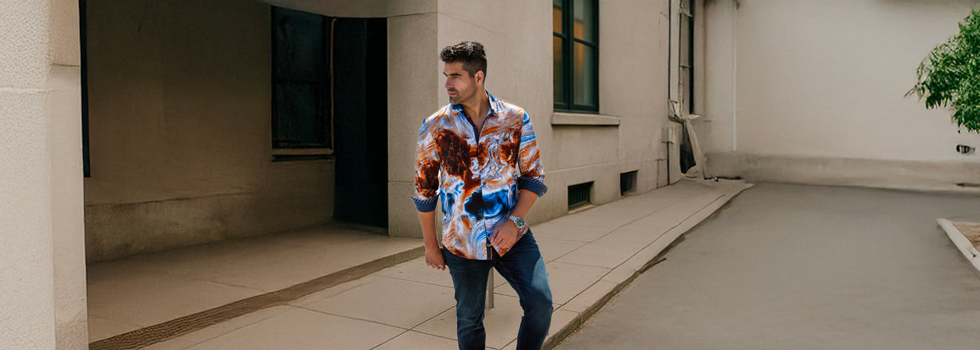 Chemise mode homme colorée, look fashion en ville.