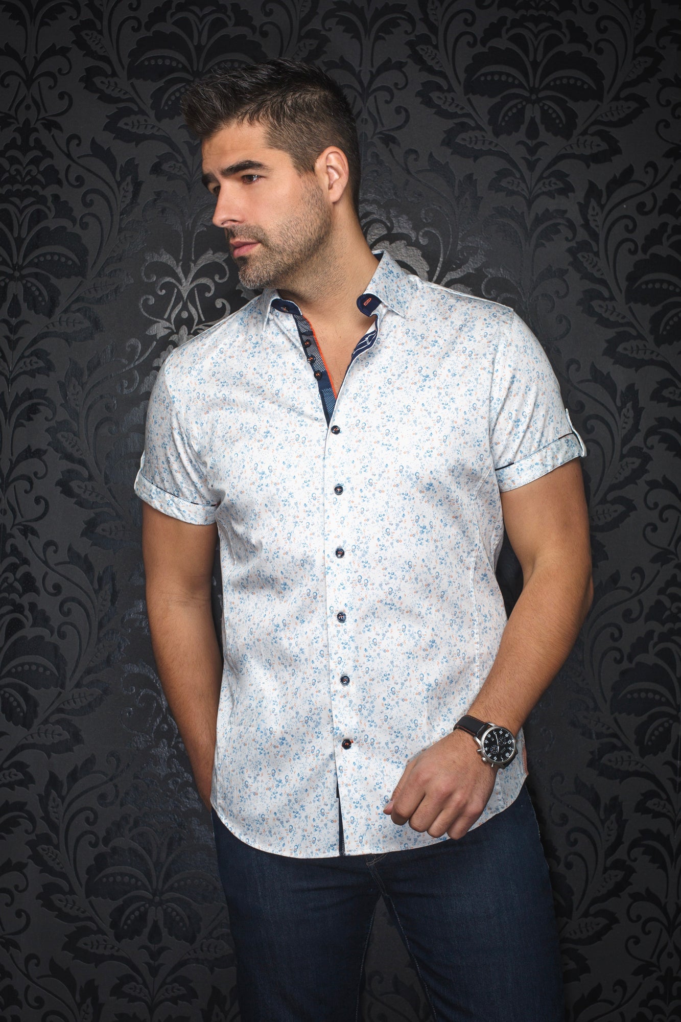 Chemise manches courtes pour homme par Au Noir | ALFIERI(SS) Blanc Bleu | Machemise.ca, inventaire complet de la marque Au Noir