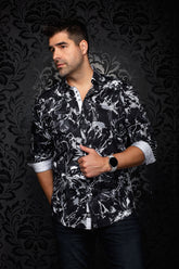 Au Noir men's black, gray, and white printed button-up shirt with rolled contrast cuffs shown from the front