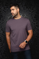 Au Noir men's solid mauve short sleeve crewneck T-Shirt with straight hem on a model, front view