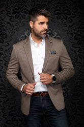 Front view of men's brown textured blazer with notched lapels, two-button closure, and flap pockets by Au Noir