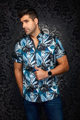 Chemise manches courtes en coton extensible pour homme par Au Noir | GREENWILD (SS) Noir Aqua | Machemise.ca, inventaire complet de la marque Au Noir