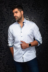 Au Noir men's white button-up shirt with navy leaf microprint and rolled contrast cuffs, front model view
