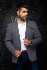 Au Noir men's navy textured blazer with notch lapels, brown buttons and blue pocket square, front model view