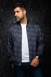 Coupe-vent mi-saison style bomber bomber bleu marine foncé vue de face avec col pour homme par Au Noir
