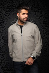 Au Noir men's light gray bomber jacket zipped, with ribbed stand collar, cuffs, and tonal chest logo, front view
