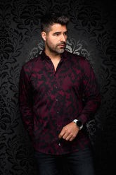 Au Noir men's black long sleeve button-up shirt with burgundy floral print and pointed collar, front model view