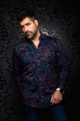 Chemise bleu marine à fleurs bourgogne, col classique et manches longues pour homme par Au Noir, vue de face