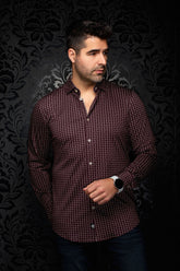 Vue de face d’une chemise bourgogne à motif géométrique, manches longues et boutons pâles pour homme par Au Noir