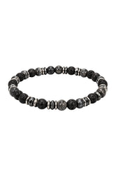 Bracelet à billes noir et gris foncé avec perles poreuses et anneaux argentés, vue produit pour homme par Au Noir