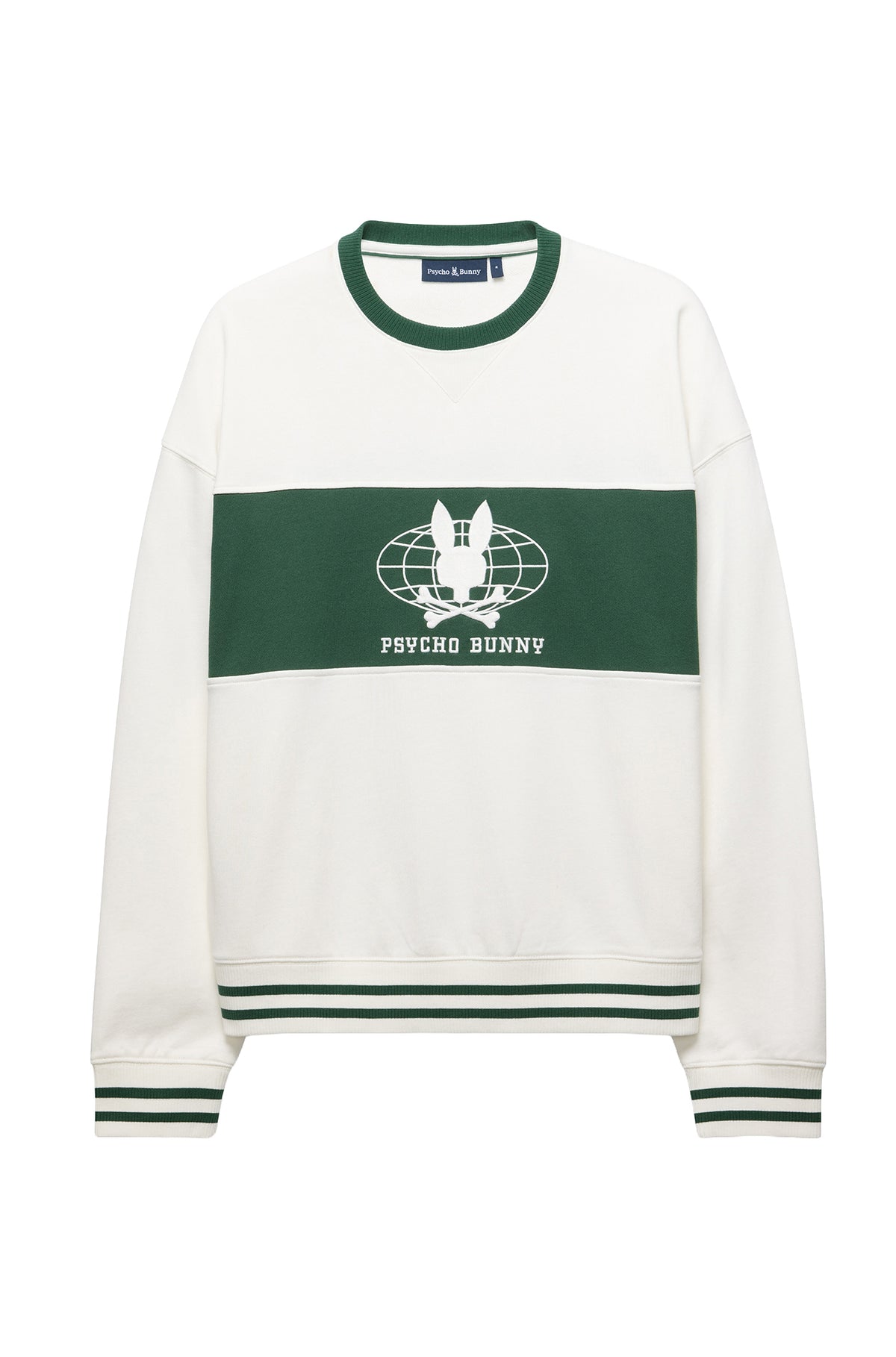 Vue avant du chandail manches longues crème avec bordures rayées, logo Psycho Bunny brodé et panneau vert pour homme