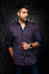Vue de face d’une chemise boutonnée marine à motif rouge et bleu, poignets contrastants roulés pour homme par Au Noir
