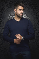 Chandail manches longues col V en laine mérino pour homme par Au Noir | SAXONY_V Marine | Machemise.ca, inventaire complet de la marque Au Noir