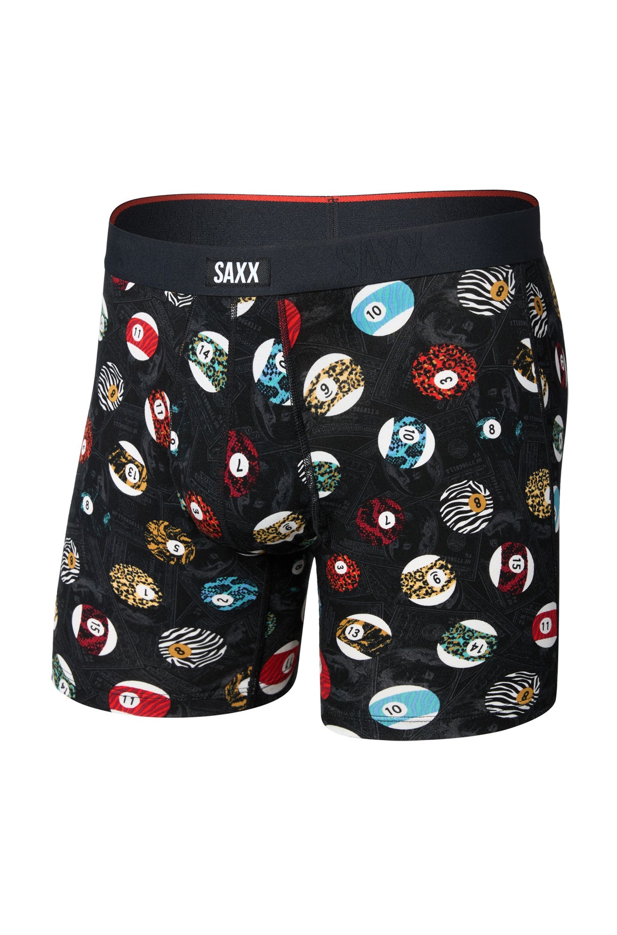 Sous-vêtement noir, vue avant du produit avec imprimé de boules numérotées colorées et taille SAXX pour homme