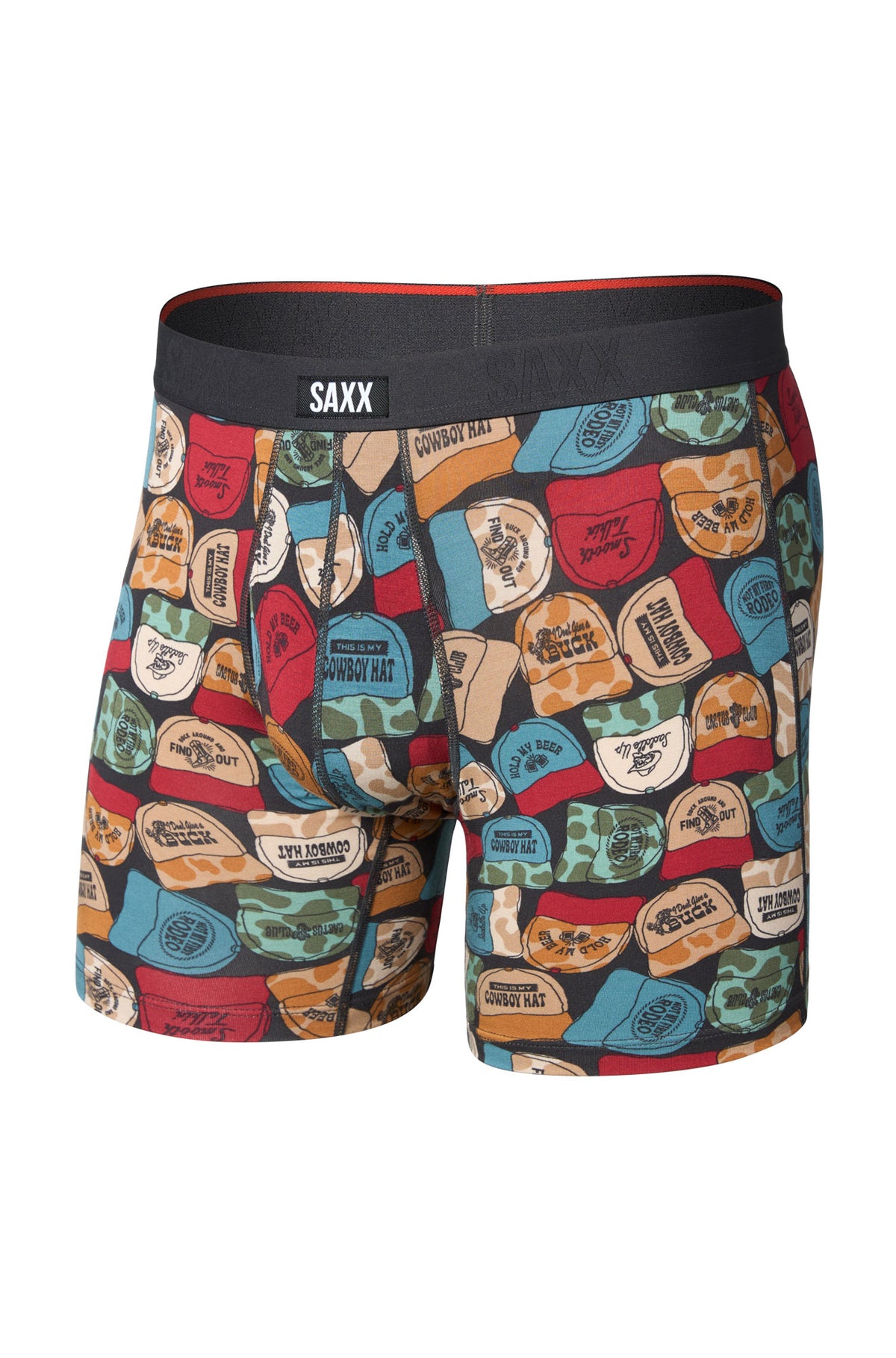 Vue avant isolée du sous-vêtement imprimé avec casquettes multicolores et taille noire pour homme par Saxx