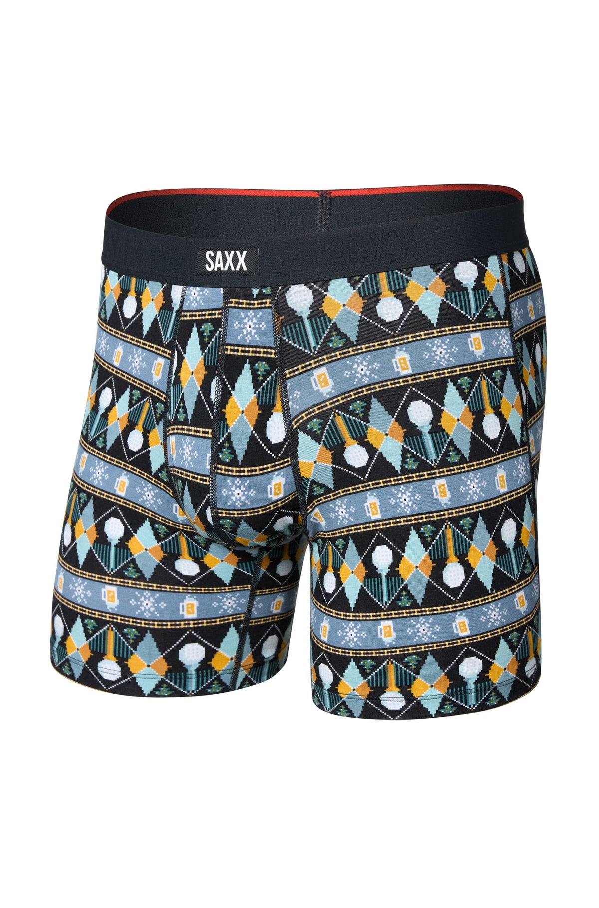 Vue produit de face d’un sous-vêtement d'hiver noir à motifs avec poche contour et taille SAXX pour homme