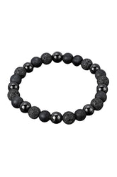 Men's black beaded bracelet with matte, glossy, and porous textured round beads on white, product view by Au Noir