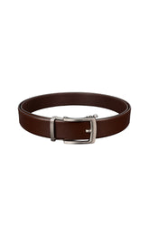 Ceinture brune d’aspect cuir en ovale avec boucle rectangulaire argentée, vue produit pour homme par Au Noir