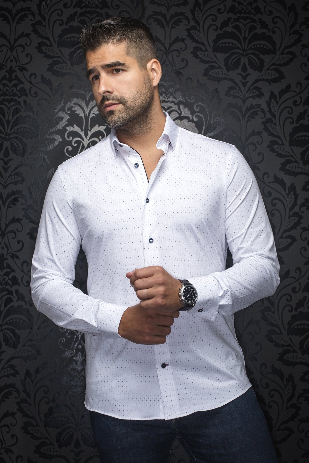 Chemise manches longues en Knit pour homme par Au Noir | ALEXANDER NDL Blanc Bleu | Machemise.ca, inventaire complet de la marque Au Noir