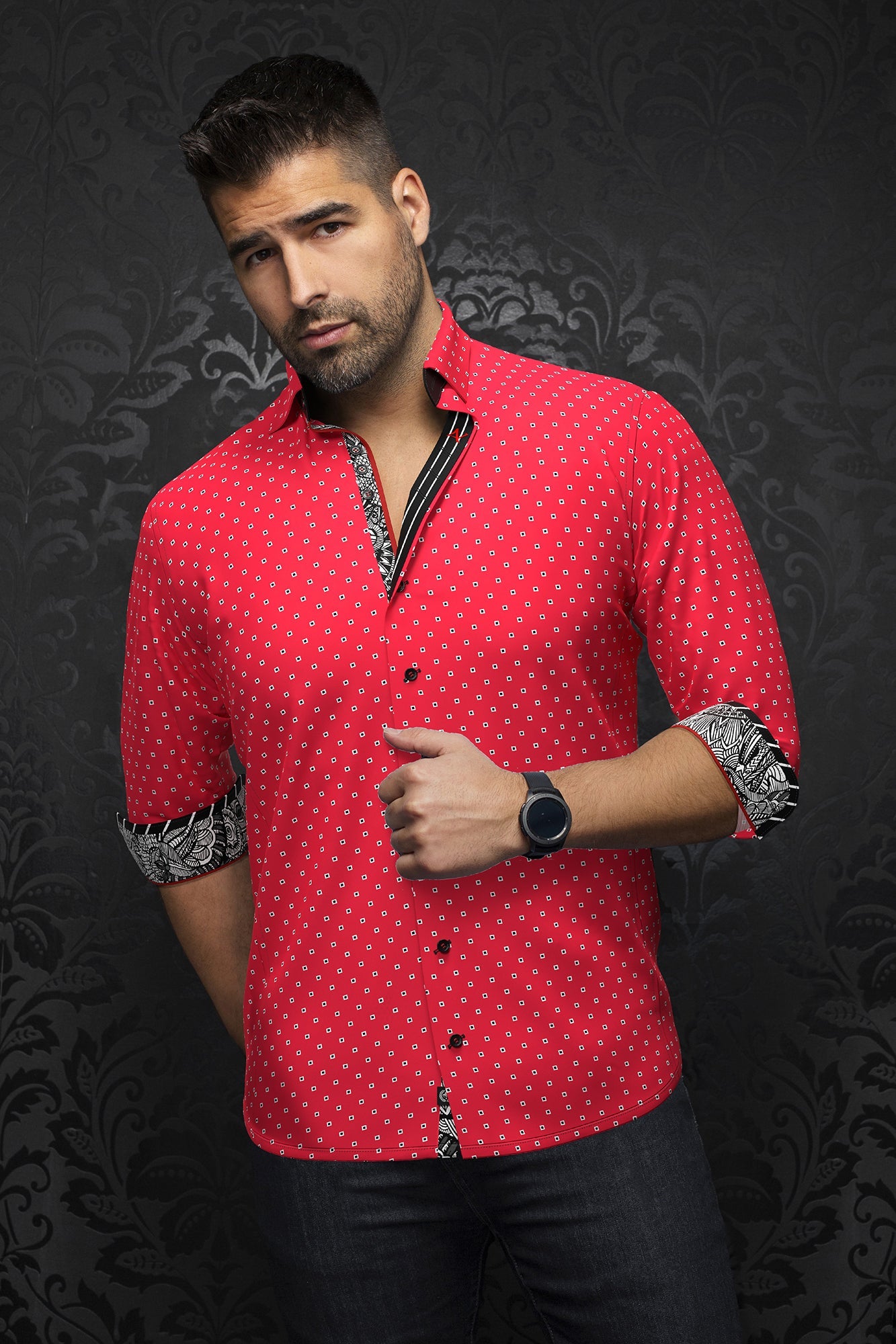 Chemise homme Alan Riverer manches longues boutonnée gris rouge ... - eBay