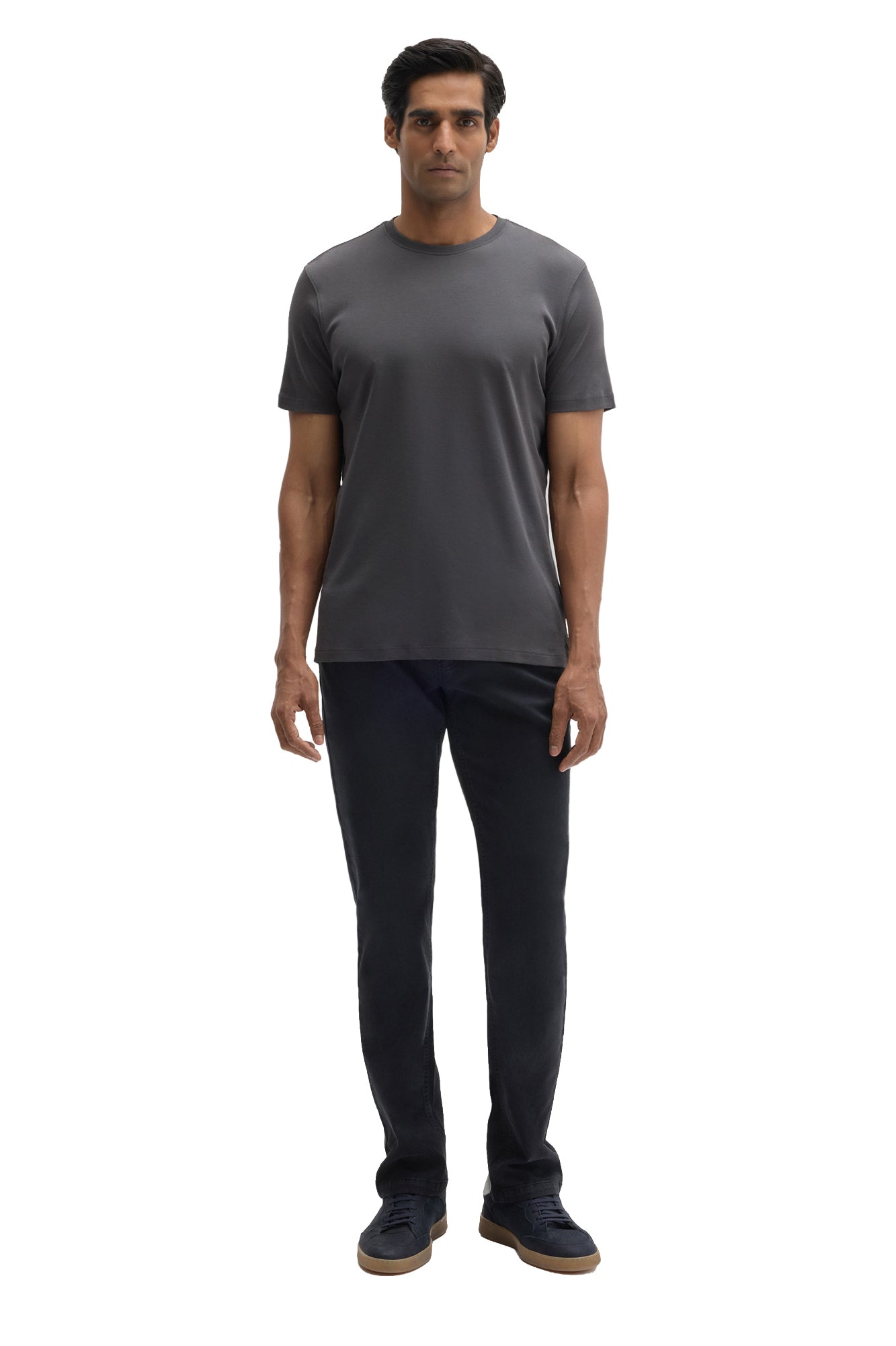 Robert Barakett men's full-body front view of a charcoal gray short sleeve crewneck T-Shirt with straight hem