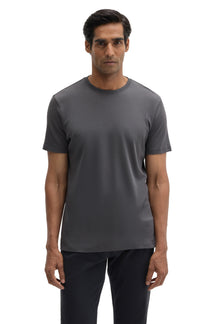 Front view of men's charcoal gray short sleeve crewneck T-Shirt with clean finish and straight hem by Robert Barakett