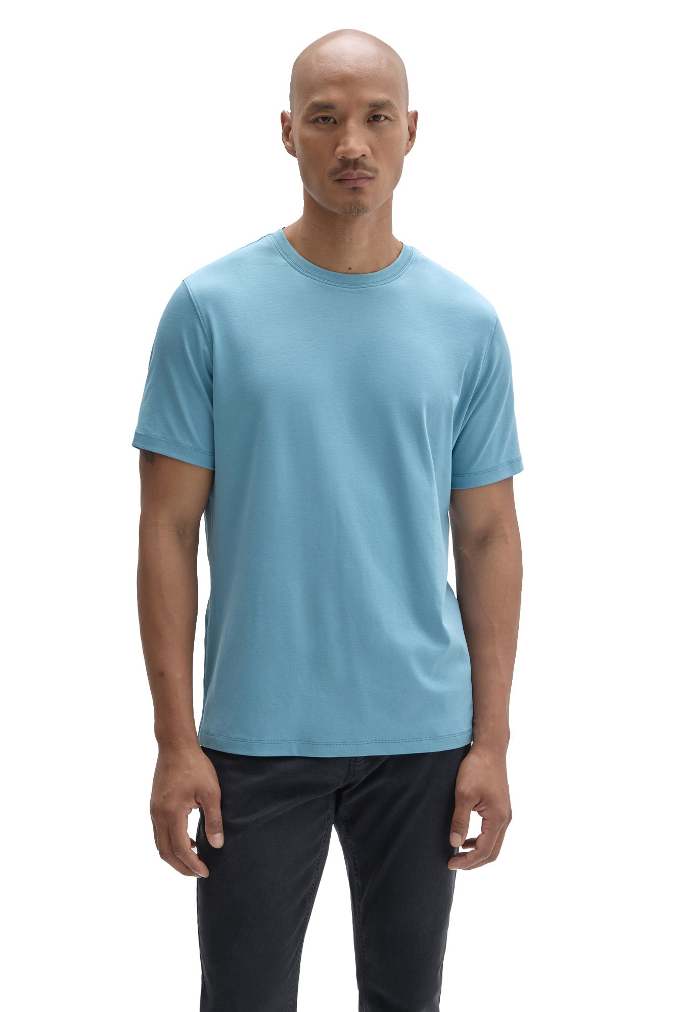 Front view of men's light blue short sleeve crewneck T-Shirt with straight hem by Robert Barakett