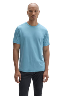 Front view of men's light blue short sleeve crewneck T-Shirt with straight hem by Robert Barakett