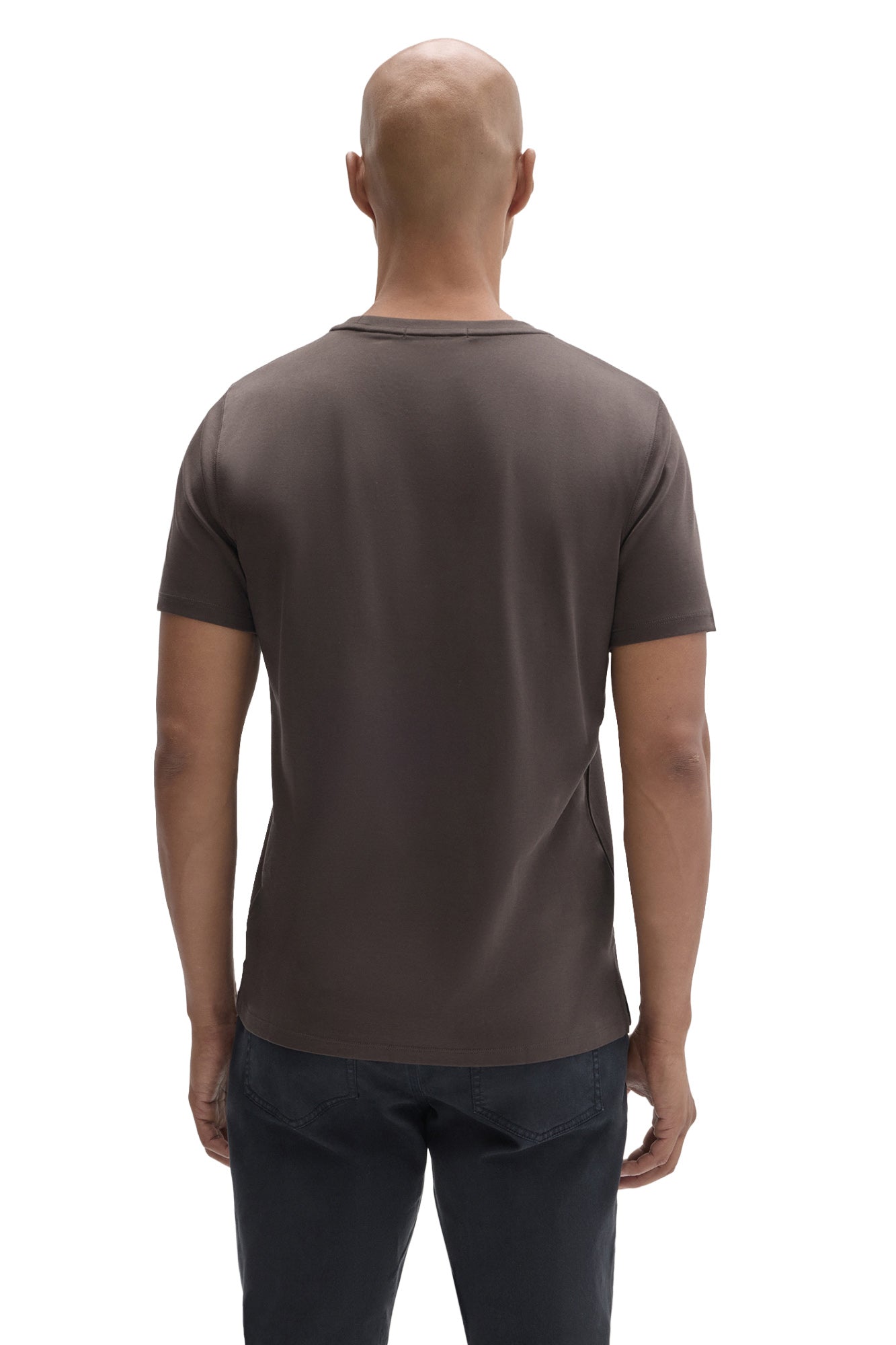 Back view of men's dark taupe brown short sleeve crewneck T-Shirt with a straight hem by Robert Barakett
