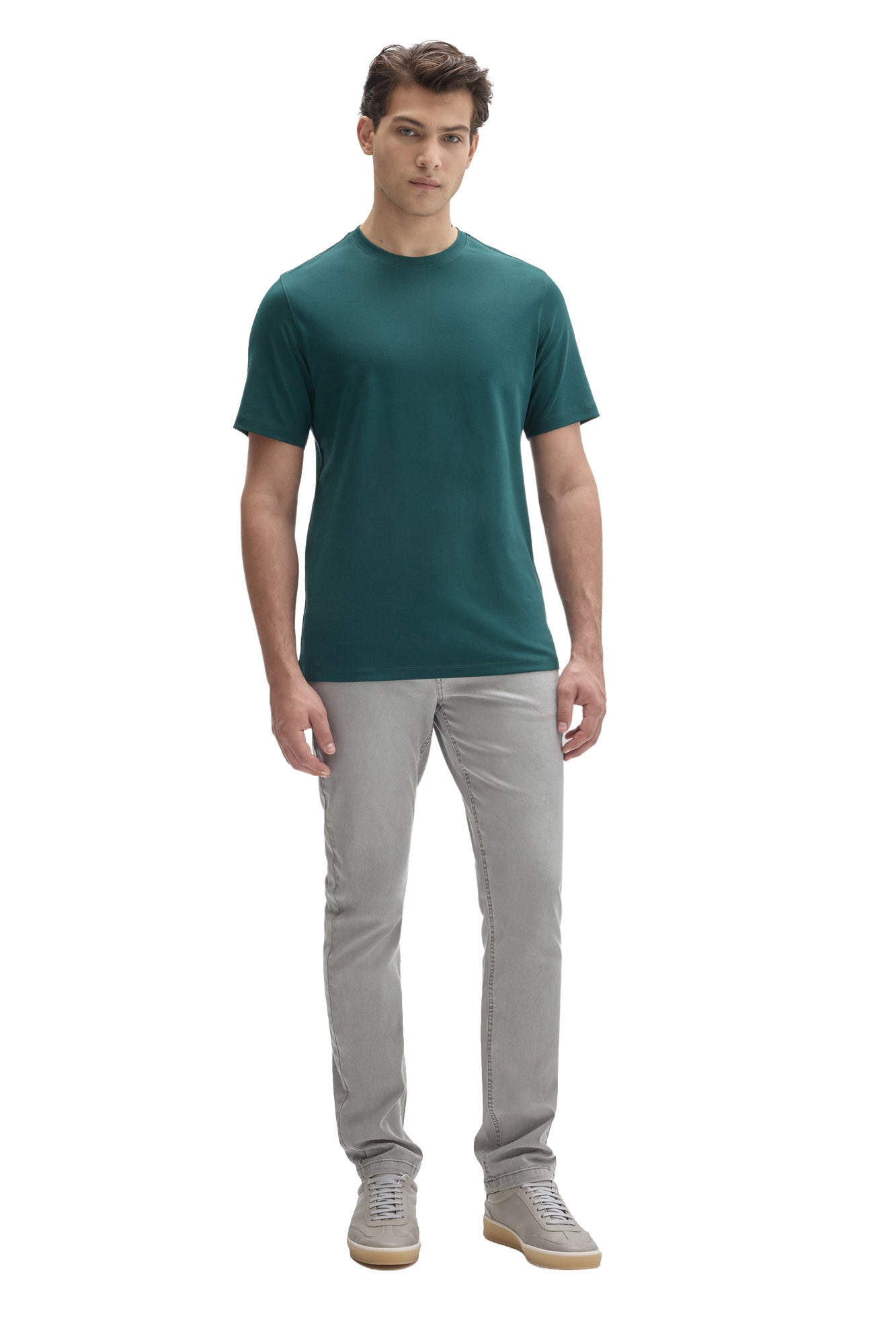 Men's full front model view of a teal short sleeve crewneck T-Shirt worn with light gray pants by Robert Barakett