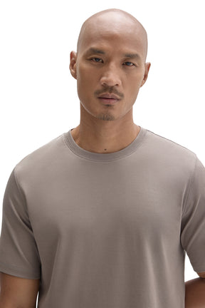 Men's close front view of taupe grey crewneck Short-sleeve T-Shirt showing ribbed collar by Robert Barakett