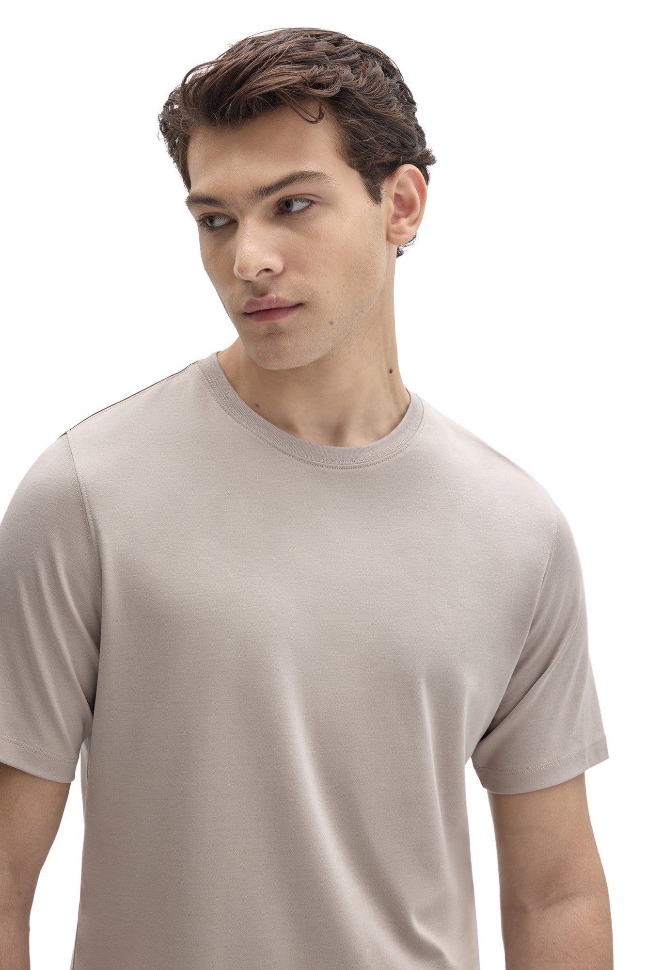 Men's close front view of light taupe crewneck Short-sleeve T-Shirt showing collar stitching by Robert Barakett