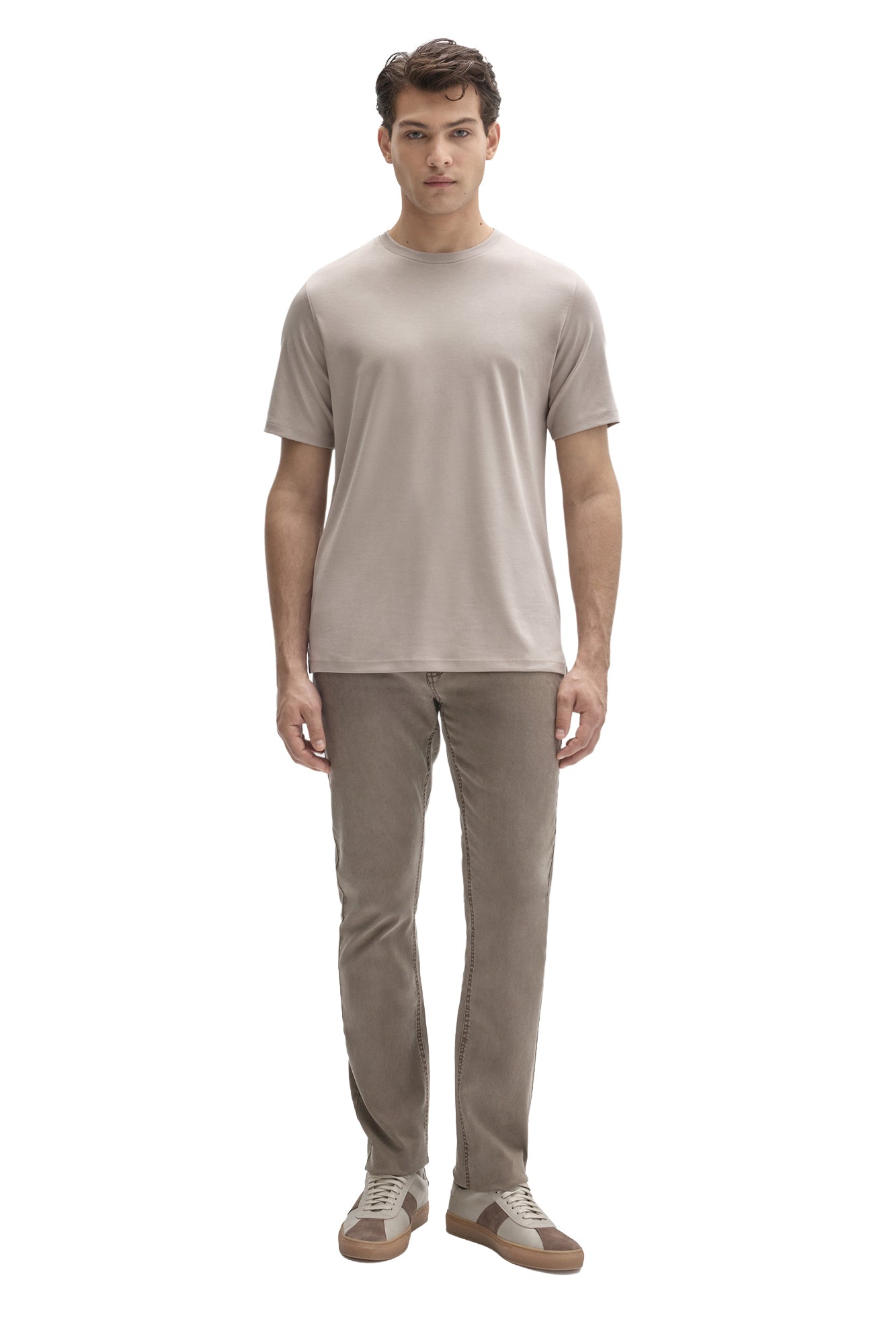 Men's full front view of light taupe short sleeve crewneck T-Shirt styled with neutral pants by Robert Barakett