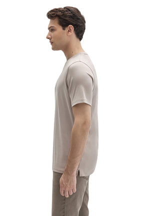 Robert Barakett men's light taupe short sleeve crewneck T-Shirt with side hem slit and tonal seams shown from the side