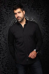 Chemise noire à manches longues boutonnée, à petit motif géométrique gris, vue de face pour homme par Au Noir