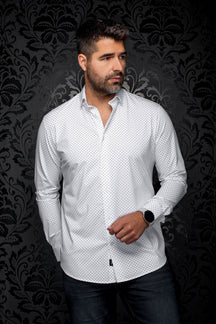 Chemise blanche à manches longues avec petit motif géométrique noir et col pointe pour homme par Au Noir, vue de face