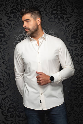 Chemise blanche à manches longues avec col pointu et ourlet arrondi pour homme par Au Noir, vue de face