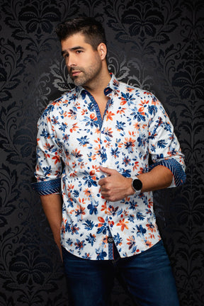 Chemise manches longues en coton extensible pour homme par Au Noir | AMARO Bleu Pâle Orange | Machemise.ca, inventaire complet de la marque Au Noir