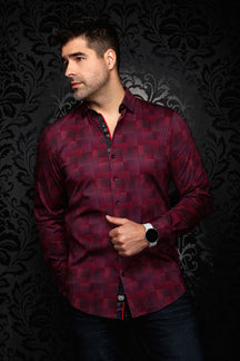 Chemise rouge et noire à micro-carreaux avec patte contrastante noire pour homme par Au Noir, vue avant sur mannequin
