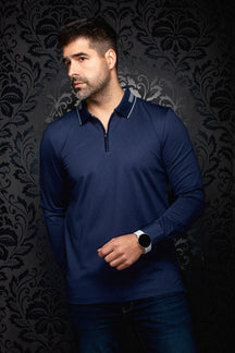 Au Noir men's navy long sleeve zip polo with striped collar trim and tonal geometric pattern, front view