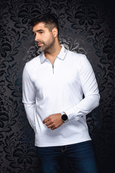Men's white long sleeve polo front view on model, with gray-striped collar and short zipper placket by Au Noir