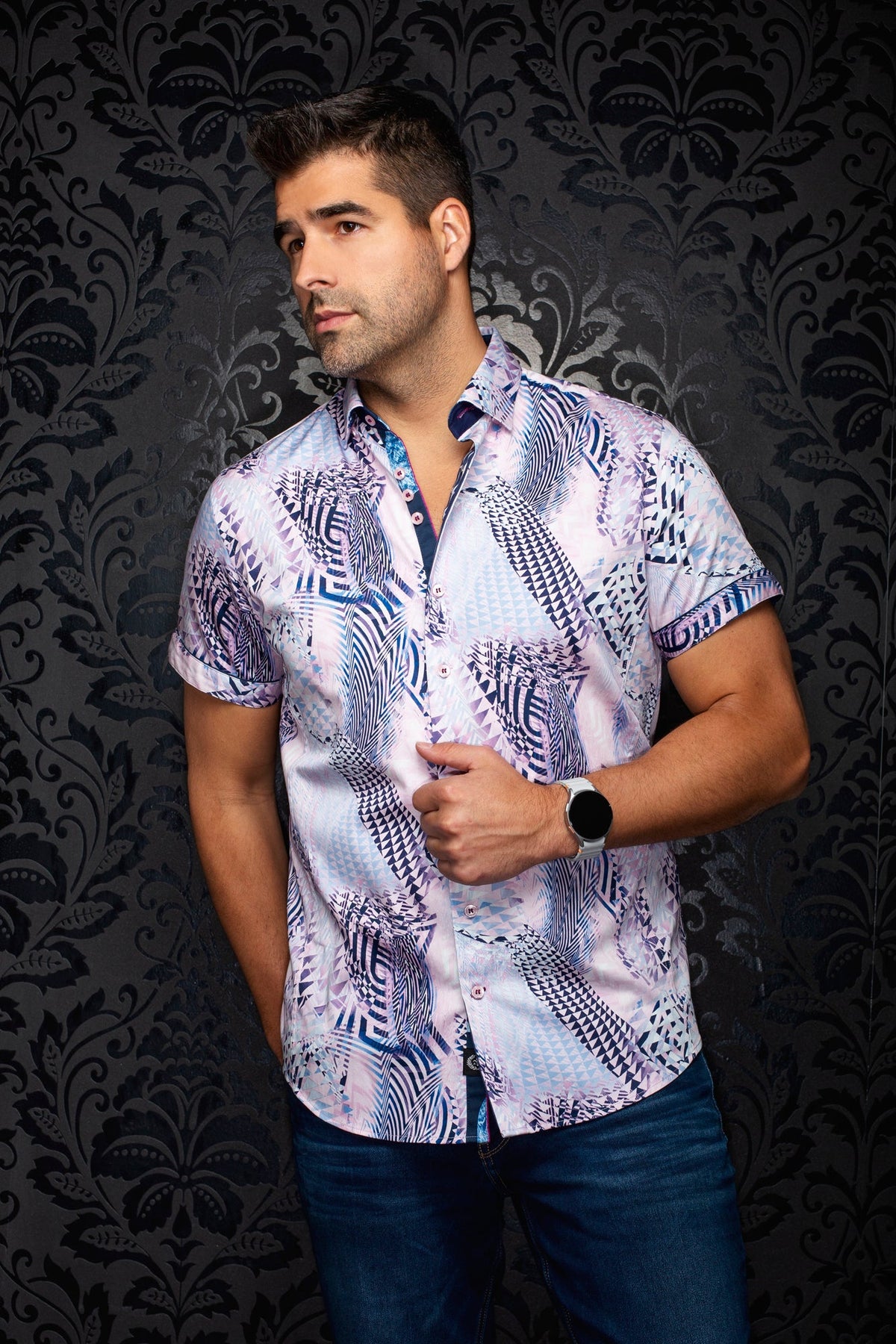 Chemise manches courtes en coton extensible pour homme par Au Noir | BADESI (SS) Rose | Machemise.ca, inventaire complet de la marque Au Noir