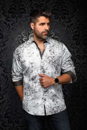 Men's white shirt with black and gray print, front model view with contrast cuffs by Au Noir