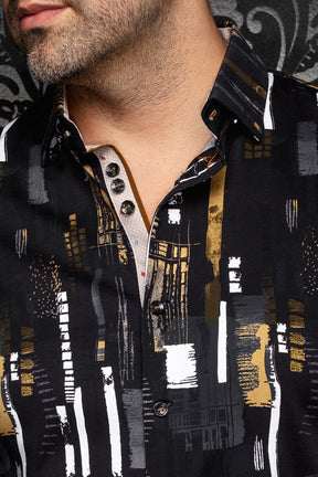 Au Noir men's collar detail of a black printed shirt with beige inner placket, dark buttons, and white accents