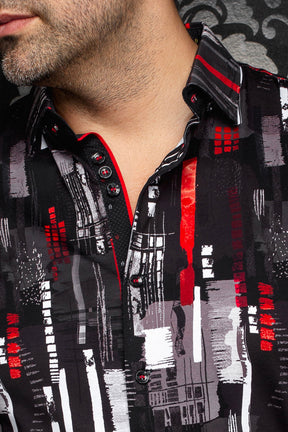 Au Noir men's black printed button-up shirt collar with red piping and striped inner collar detail, close-up