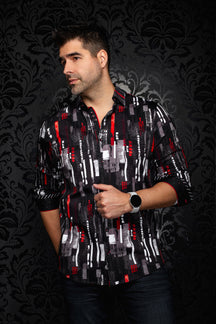 Chemise noire imprimée avec accents rouges, ourlet courbé et manches roulées pour homme par Au Noir, vue avant
