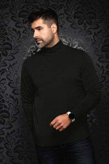 Chandail en laine mérinos en tricot noir à col montant sur mannequin, vue de face pour homme par Au Noir