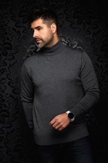 Chandail en laine mérinos à col roulé gris charbon porté par un modèle, manches longues, vue de face pour homme par Au Noir