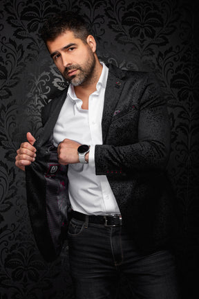 Veston noir en jacquard cachemire ouvert avec doublure à motifs et boutons au poignet pour homme par Au Noir, détail