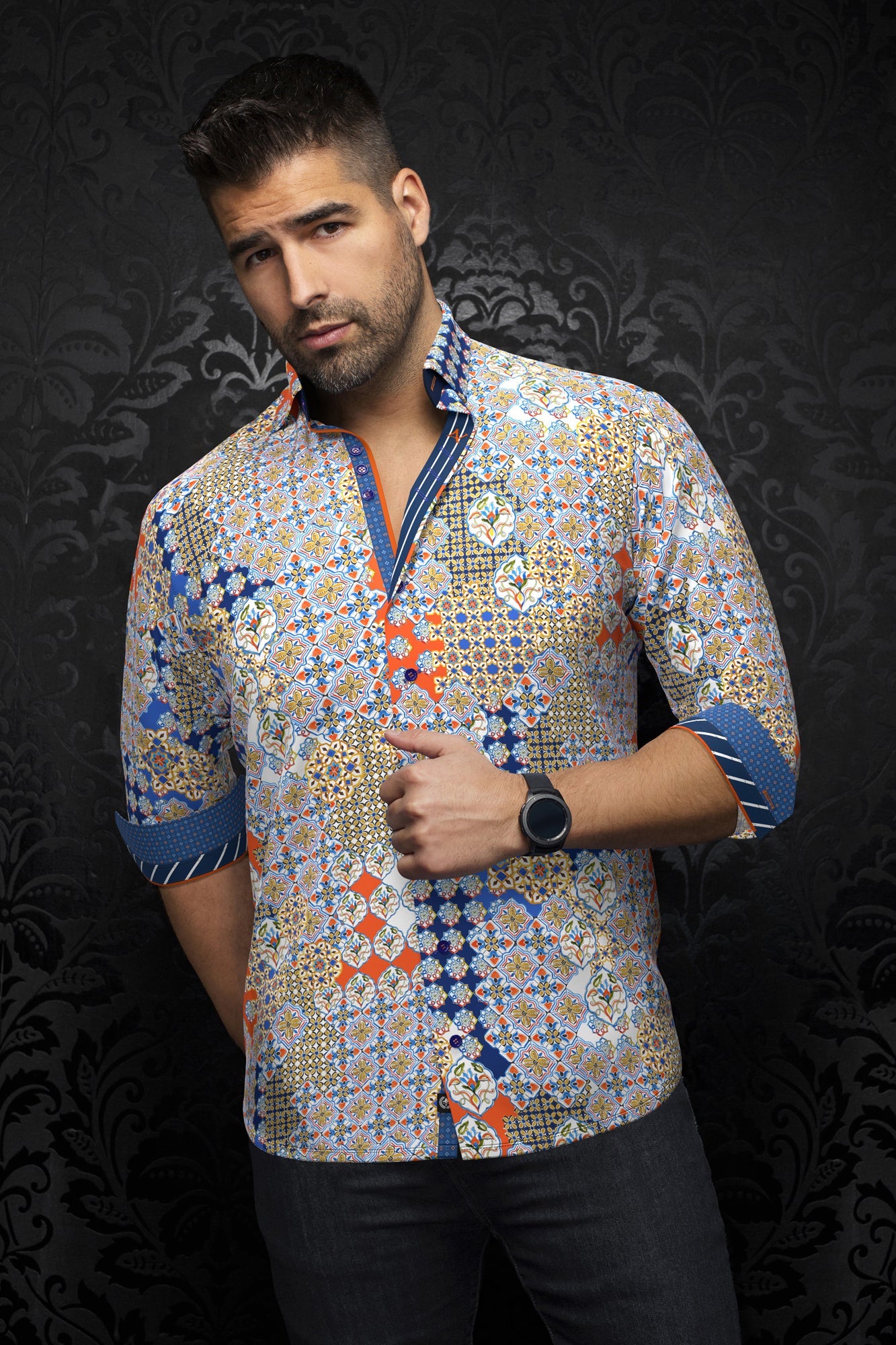 Long sleeve shirt for men by Au Noir | CARLSON Orange | Menshirt, complete inventory of the Au Noir brand